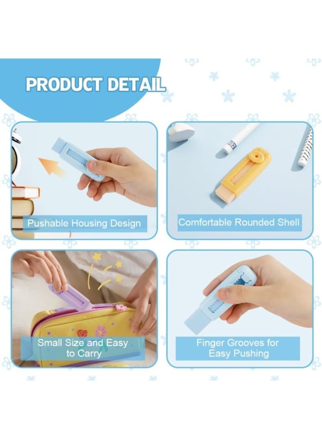 SRLIWHITE 4PCS Sliding Retractable Rubber Erasers with 4 Refill Erasers, Soft Push-Pull Pencil Erasers with Plastic Sleeve, Cute Large Erasers for Students Kids School Office Supplies, Multicolor - Image 3
